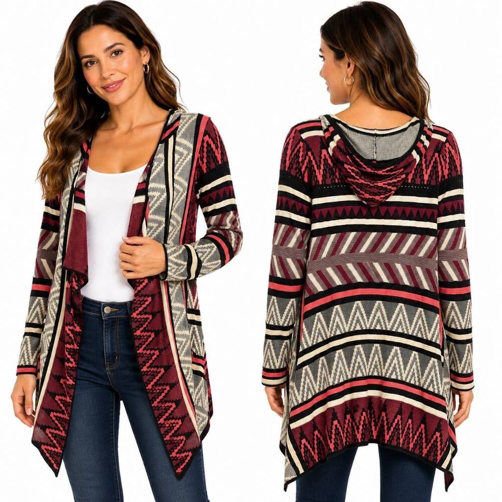 Maurices Hooded Tribal Aztec Open Cardigan Medium